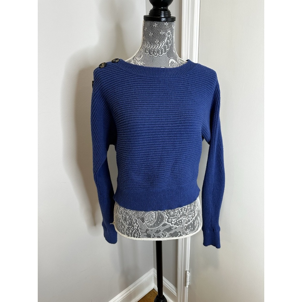 Poof Apparel Preppy Batwing Ribbed Sweater Sz:S Blue Shoulder Button Knit